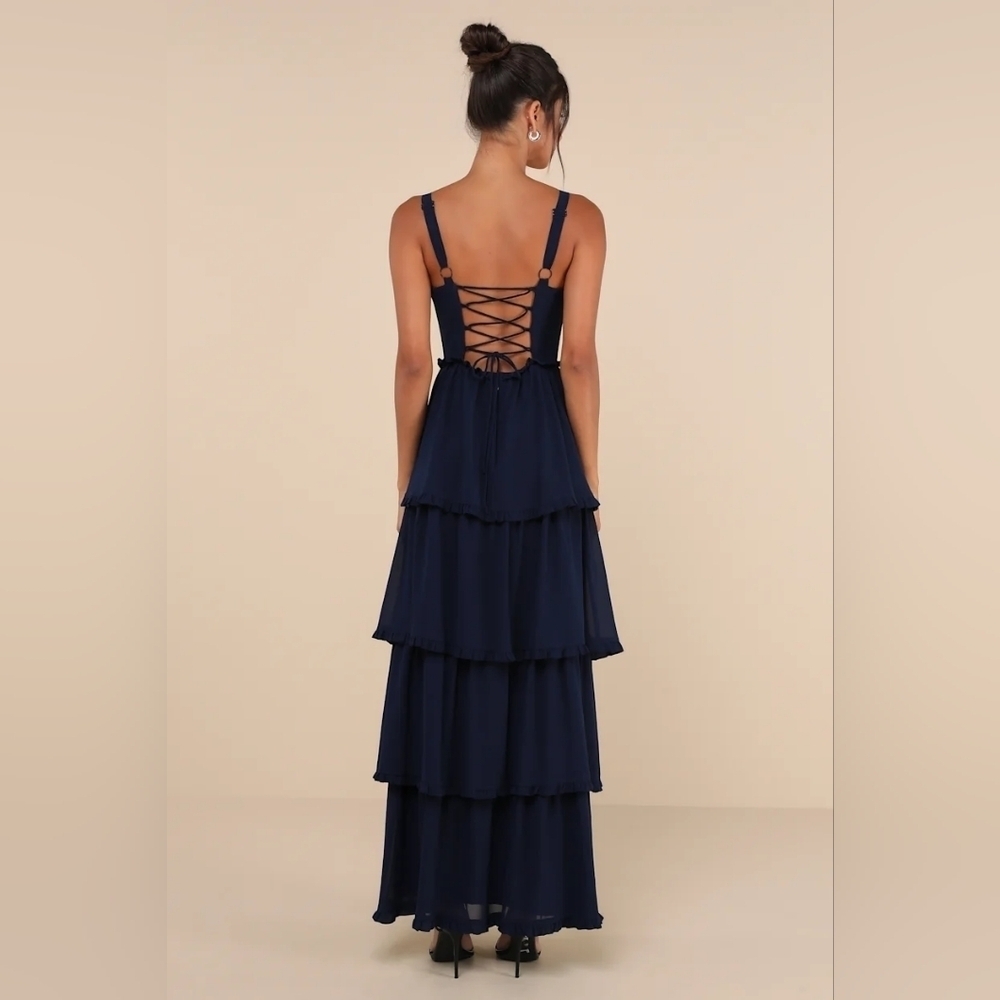Lulus Sophisticated Occasion Navy Blue Bustier Lace-Up Maxi Dress Wedding - Picture 6 of 10